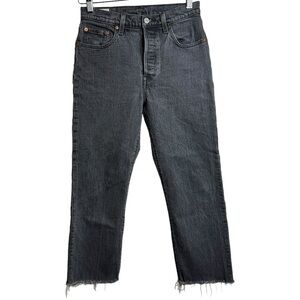Levis 501 High Rise Straight Leg Faded Black Denim Raw Cut Off Hem Jeans 25